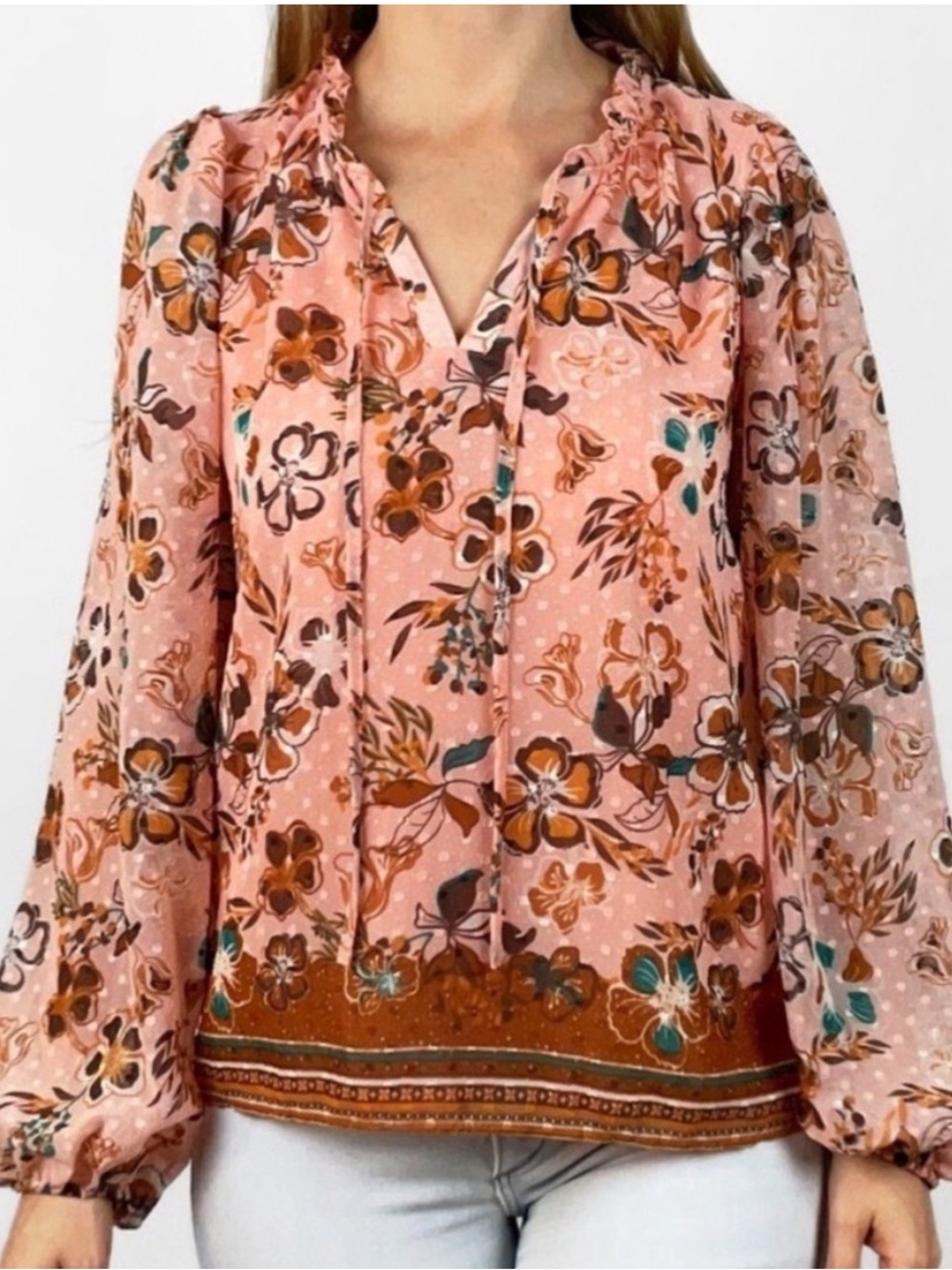 Joie floral peasant blouse fall ruffle collar puff sleeve boho floral pink L
